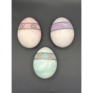 Vintage Set Of 3 Genuine Alabster Hand Carved Eggs Italy Ducceschi Heavy 70’s